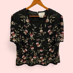 Beautiful Papell Boutique silk beaded embroidered floral short sleeve 80’s vtg